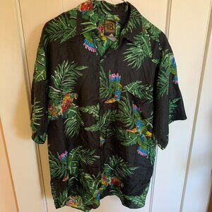 VTG Bruno Silk Short Sleeve Button Up M Black Tropical Parrot Palm Leave Print